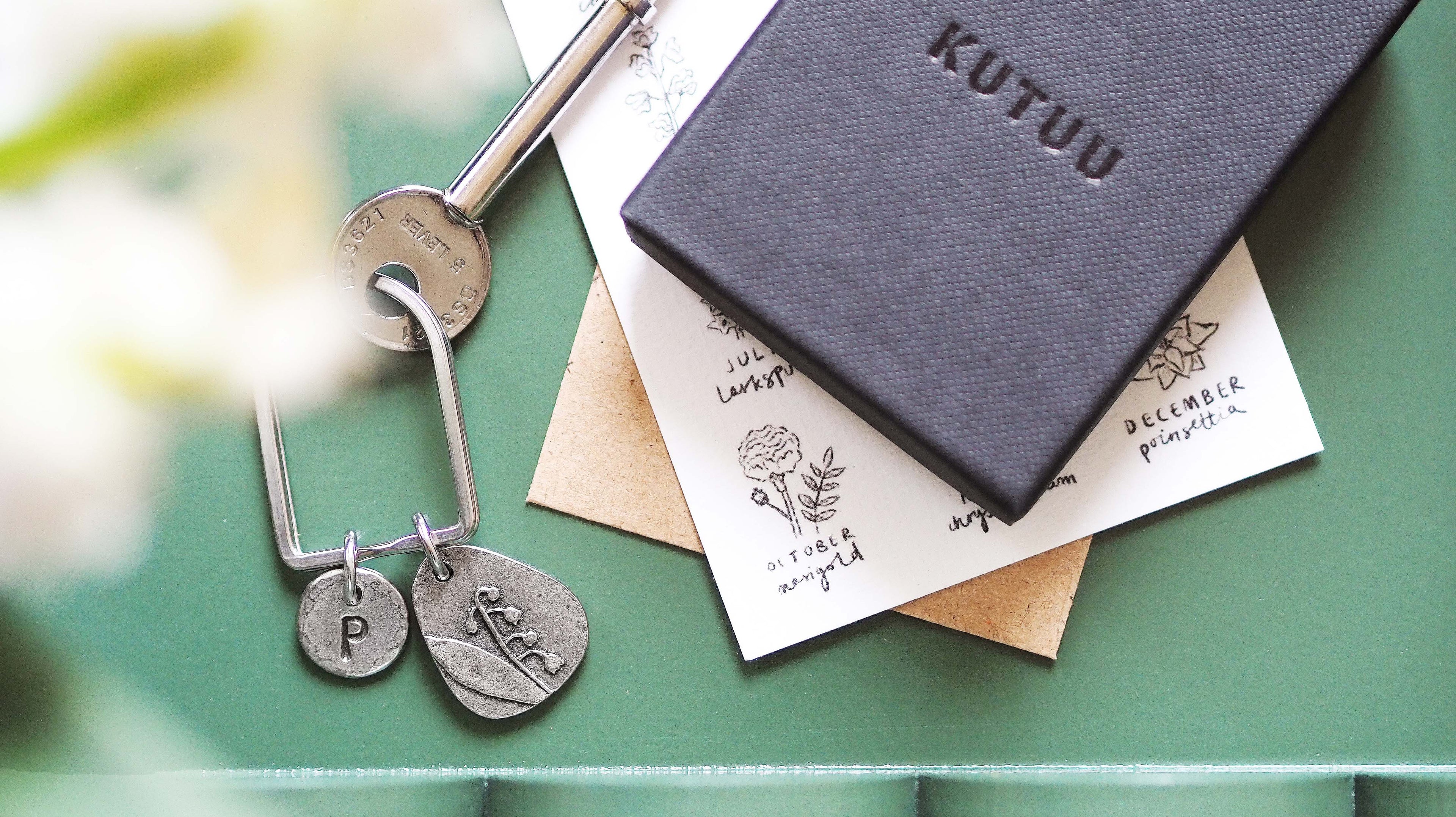 Birth flower and initial keyring with gift packaging.