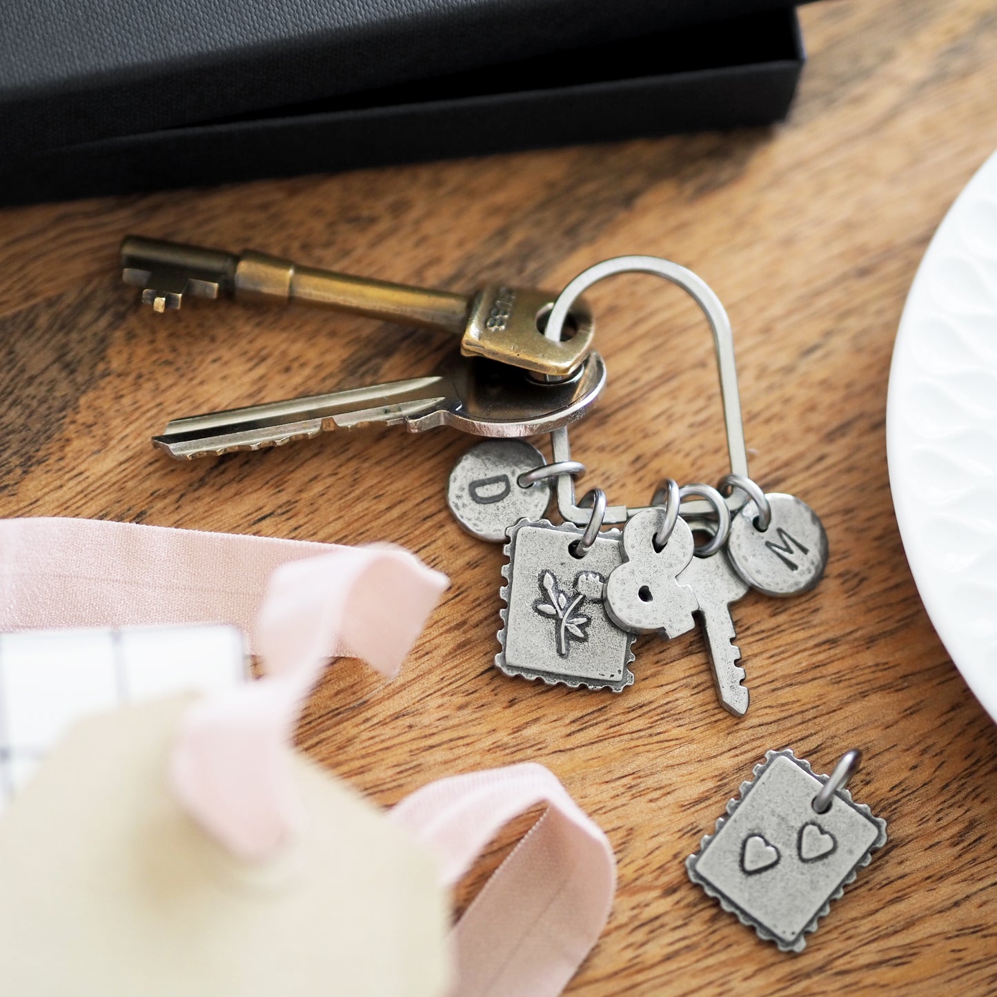 'Sending You Love' Flower/Two Hearts Postage Stamp Keyring Charm