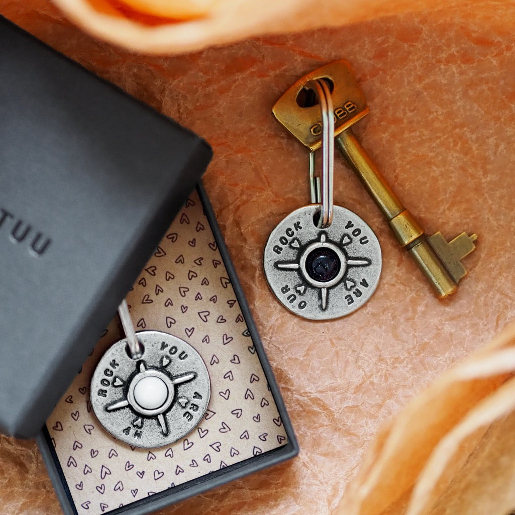 ‘You Are My/Our Rock’ Gemstone Keyring